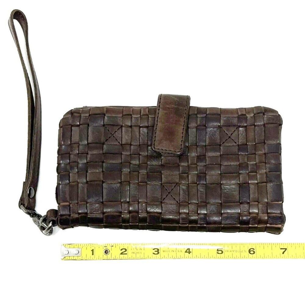 Vilenca Holland Woven Leather Wallet Wristlet Clutch Removable Strap Dark Brown
